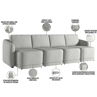 Sofá Cama para Sala de Estar 4 Lugares 316cm Montserrat K01 Linho Cinza - Lyam Decor