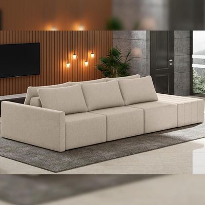Sofá Ilha Modular para Sala 312cm com Puff Dublin K01 Linho Bege - Lyam Decor