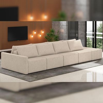 Sofá Ilha Modular para Sala 392cm com Puff Dublin K01 Linho Bege - Lyam Decor