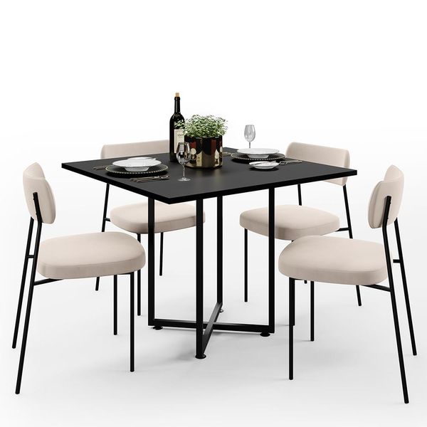 Mesa de Jantar Rivera Preto 90cm com 04 Cadeiras Industrial Melina F01 Suede Bege - Lyam