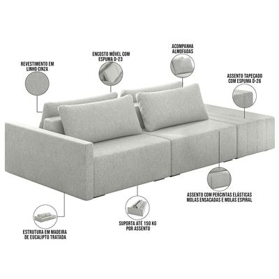Sofá Ilha Modular para Sala 232cm com Puff Dublin K01 Linho Cinza - Lyam Decor