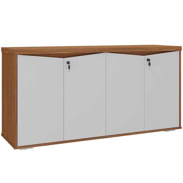 Balcão Para Escritório 04 Portas 160cm com Chaves Unik A02 Freijó Branco - Lyam Decor