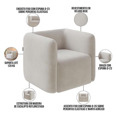 Poltrona Decorativa Para Sala de Estar Fixa Living Peônia K01 Veludo Bege - Lyam Decor
