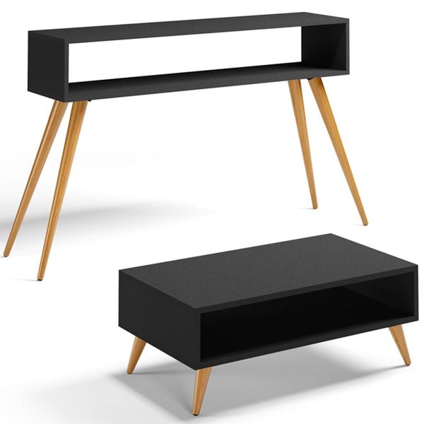 Kit Aparador com Mesa de Centro Mônaco Pés Palito L03 Preto - Lyam Decor