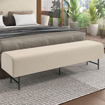 Puff Recamier Decorativo com Pés Industrial 160cm Novara P05 Veludo Bege - Lyam Decor