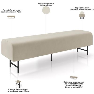 Puff Recamier Decorativo com Pés Industrial 160cm Novara P05 Veludo Bege - Lyam Decor