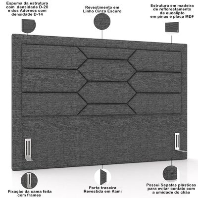 Cabeceira Cama Box Queen 160cm Estofada Nora P05 Linho Cinza Escuro - Lyam Decor