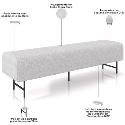 Puff Recamier Decorativo com Pés Industrial 160cm Novara P05 Linho Cinza Claro - Lyam Decor