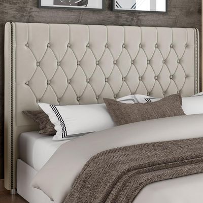 Cabeceira Cama Box Queen 160cm Estofada Frizza P05 Veludo Bege - Lyam Decor