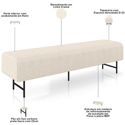 Puff Recamier Decorativo com Pés Industrial 160cm Novara P05 Linho Creme - Lyam Decor