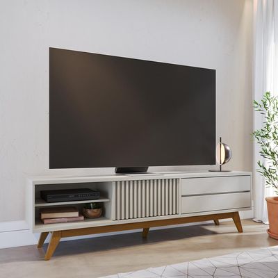 Rack para Sala De Estar TV 75 Pol 200cm Pés Retrô Venice C04 Off White Matte - Lyam Decor
