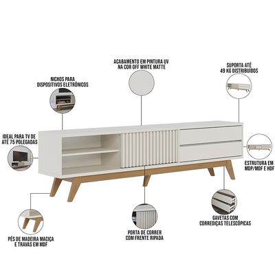 Rack para Sala De Estar TV 75 Pol 200cm Pés Retrô Venice C04 Off White Matte - Lyam Decor