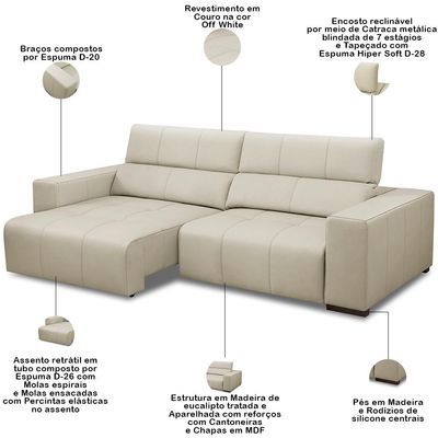 Sofá Retrátil Reclinável Para Sala 4 Lugares 290cm Bari L06 Couro Off White - Lyam Decor