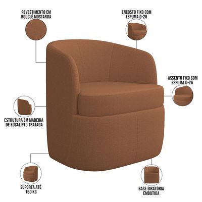 KIT 02 Poltronas Decorativa Giratória Para Sala de Estar Siena K01 Bouclê Mostarda - Lyam Decor