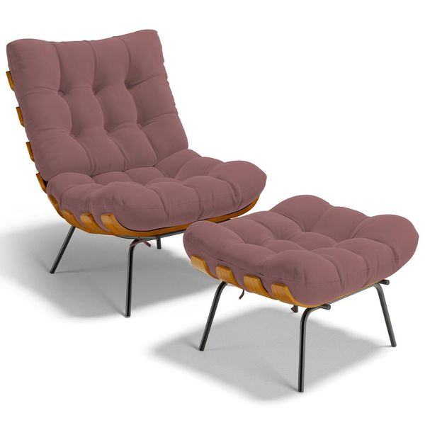 Poltrona Costela L02 com Puff Sala de Estar Suede Rosê - Lyam Decor Poltrona Costela L02 com Puff Sala de Estar Suede Rosê - Lyam Decor
