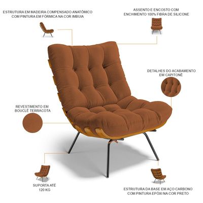 Poltrona Costela L02 com Puff Sala de Estar Bouclê Terracota - Lyam Decor
