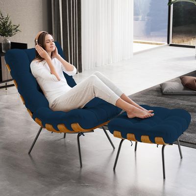 Poltrona Costela L02 com Puff Sala de Estar Suede Azul Marinho - Lyam Decor