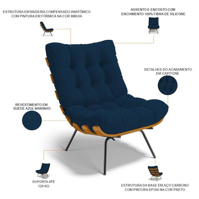 Poltrona Costela L02 com Puff Sala de Estar Suede Azul Marinho - Lyam Decor