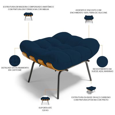 Poltrona Costela L02 com Puff Sala de Estar Suede Azul Marinho - Lyam Decor
