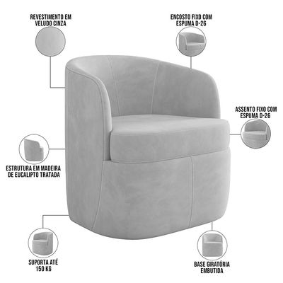 KIT 02 Poltronas Decorativa Giratória Para Sala de Estar Siena K01 Veludo Cinza - Lyam Decor