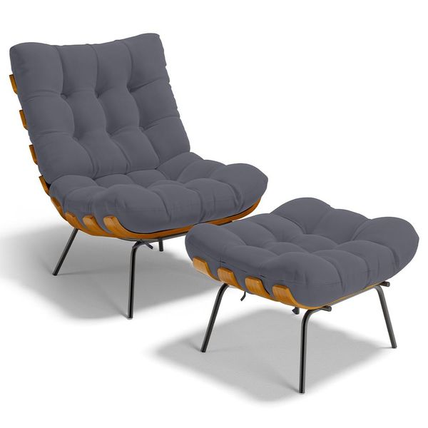 Poltrona Costela L02 com Puff Sala de Estar Suede Cinza - Lyam Decor Poltrona Costela L02 com Puff Sala de Estar Suede Cinza - Lyam Decor