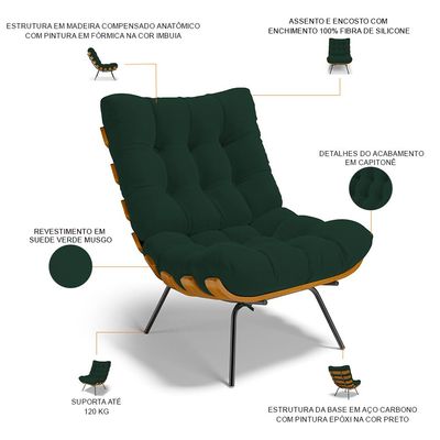 Poltrona Costela L02 com Puff Sala de Estar Suede Verde Musgo - Lyam Decor