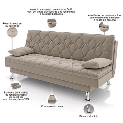 Sofá Cama para Sala de Estar Quarto 193cm Lia M03 Veludo Bege - Lyam Decor