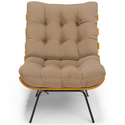 Poltrona Costela L02 com Puff Sala de Estar Linho Bege Escuro - Lyam Decor