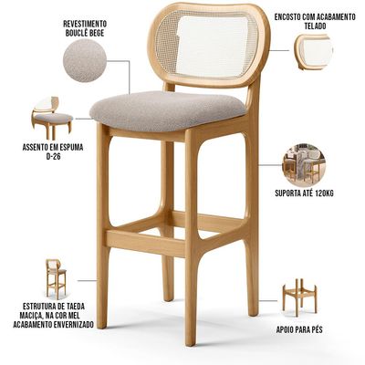 Banqueta Alta Para Cozinha Bancada Sala Tela Betta Fixa L02 Bouclê Creme - Lyam