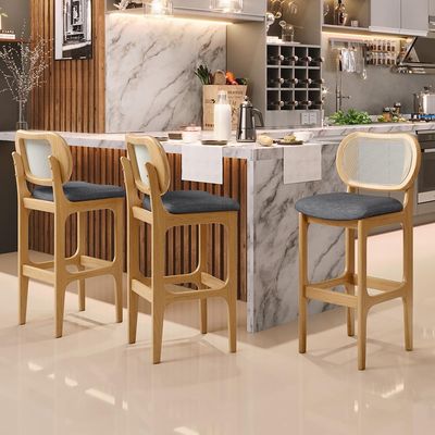Banqueta Alta Para Cozinha Bancada Sala Tela Betta Fixa L02 Linho Cinza Escuro - Lyam