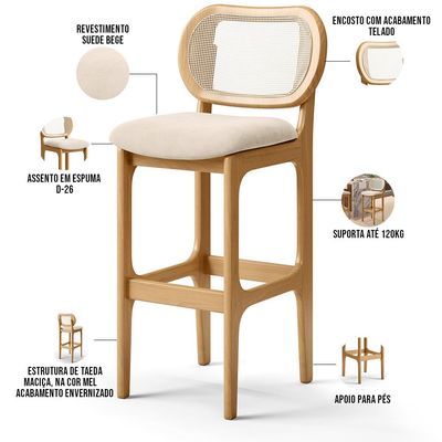 Banqueta Alta Para Cozinha Bancada Sala Tela Betta Fixa L02 Suede Bege - Lyam