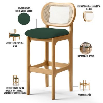 Banqueta Alta Para Cozinha Bancada Sala Tela Betta Fixa L02 Suede Verde Musgo - Lyam