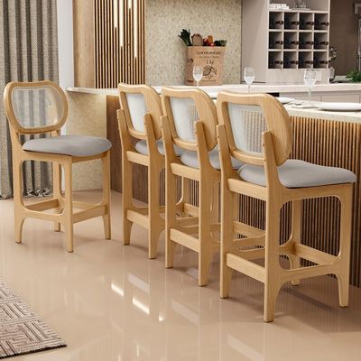 Banqueta Baixa Bar Cozinha Sala de Jantar Betta L02 Mel Tela Linho Bege - Lyam Decor