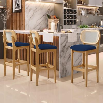 Banqueta Alta Para Cozinha Bancada Sala Tela Betta Fixa L02 Suede Azul Marinho - Lyam
