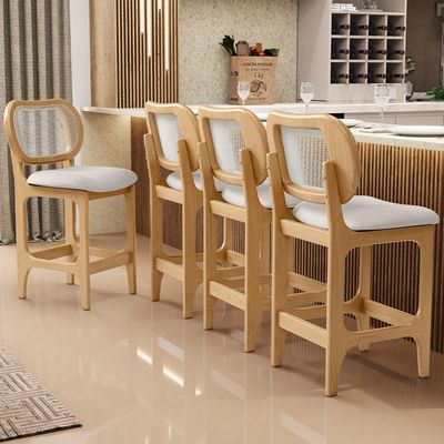 Banqueta Baixa Bar Cozinha Sala de Jantar Betta L02 Mel Tela Linho Cru - Lyam Decor