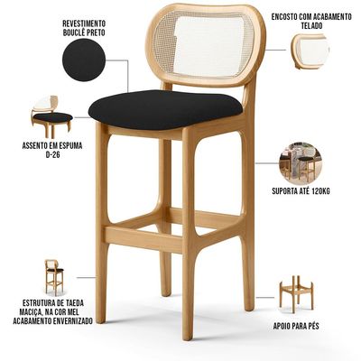 Banqueta Alta Para Cozinha Bancada Sala Tela Betta Fixa L02 Bouclê Preto - Lyam