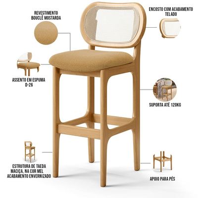 Kit 02 Banquetas Altas Para Cozinha Bancada Sala Tela Betta Fixa L02 Bouclê Mostarda - Lyam