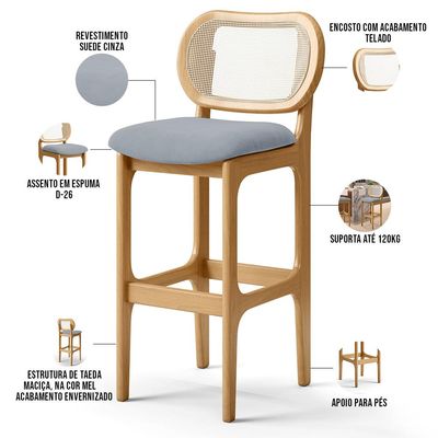 Banqueta Alta Para Cozinha Bancada Sala Tela Betta Fixa L02 Suede Cinza - Lyam