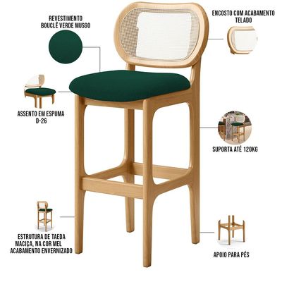 Banqueta Alta Para Cozinha Bancada Sala Tela Betta Fixa L02 Bouclê Verde - Lyam