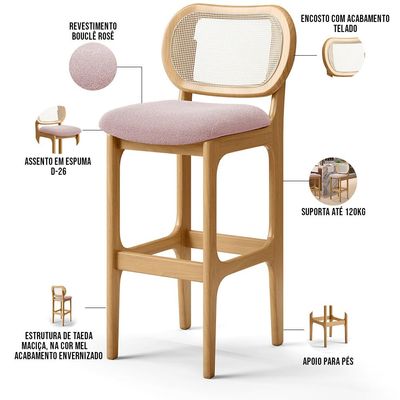 Kit 03 Banquetas Altas Para Cozinha Bancada Sala Tela Betta Fixa L02 Bouclê Rosê - Lyam