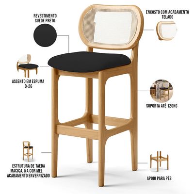 Kit 03 Banquetas Altas Para Cozinha Bancada Sala Tela Betta Fixa L02 Suede Preto - Lyam