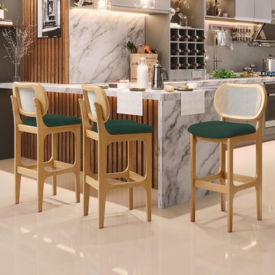 Kit 03 Banquetas Altas Para Cozinha Bancada Sala Tela Betta Fixa L02 Suede Verde Musgo - Lyam