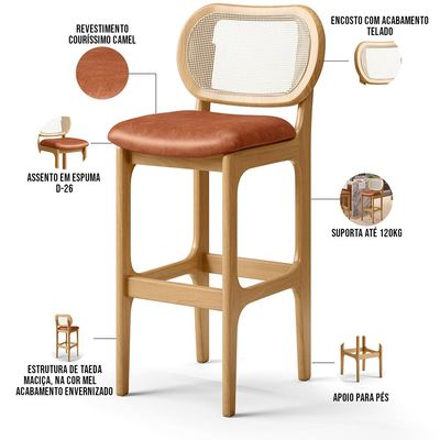Kit 04 Banquetas Altas Para Cozinha Bancada Sala Tela Betta Fixa L02 Couríssimo Camel - Lyam