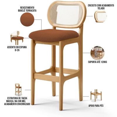 Kit 05 Banquetas Altas Para Cozinha Bancada Sala Tela Betta Fixa L02 Bouclê Terracota - Lyam