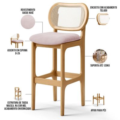 Kit 05 Banquetas Altas Para Cozinha Bancada Sala Tela Betta Fixa L02 Suede Rosê - Lyam