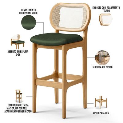 Kit 06 Banquetas Altas Para Cozinha Bancada Sala Tela Betta Fixa L02 Couríssimo Verde Musgo - Lyam