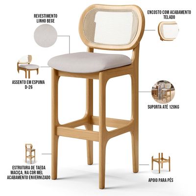 Kit 06 Banquetas Altas Para Cozinha Bancada Sala Tela Betta Fixa L02 Linho Bege - Lyam