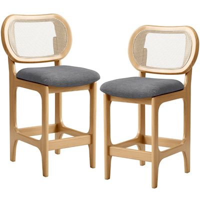 Kit 2 Banquetas Baixa Bar Cozinha Sala de Jantar Betta L02 Mel Tela Linho Cinza Escuro - Lyam Decor