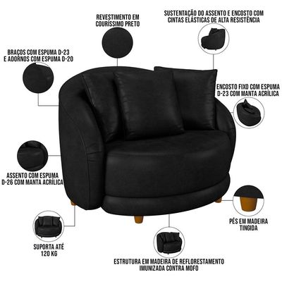 Kit 02 Poltronas Decorativas Para Sala de Estar Base Fixa Pés Madeira Witta M03 Couríssimo Preto - Lyam Decor