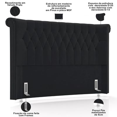 Cabeceira Cama Box Casal 140cm Estofada Meora P05 Veludo Preto - Lyam Decor